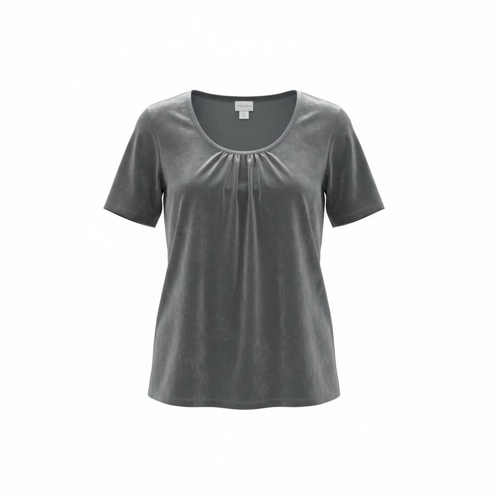 Jaclyn Smith Gray Stretch Velvet Holiday Top XL Metallic Trim Short Sleeve